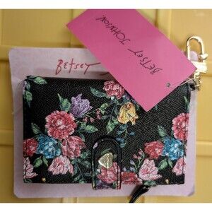 Betsey Johnson Tri Fold Wallet NWT Black with Multi Colored Flowers Brass Clip